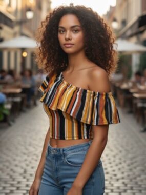 Feathers Off-the-Shoulder Vertical Stripes Versatile Crop Top Size M